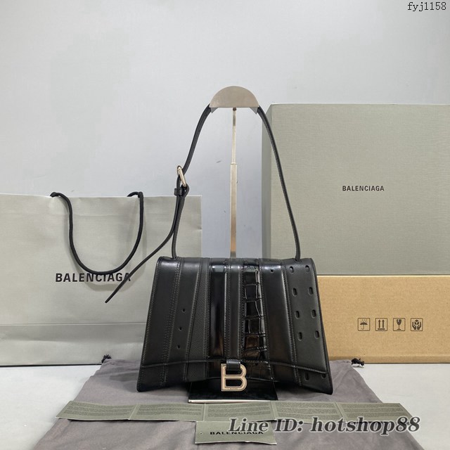 Balenciaga專櫃爆款小號拼接黑肩背女包 巴黎世家Hourglass Multibelt沙漏包 款號:92940 fyj1158