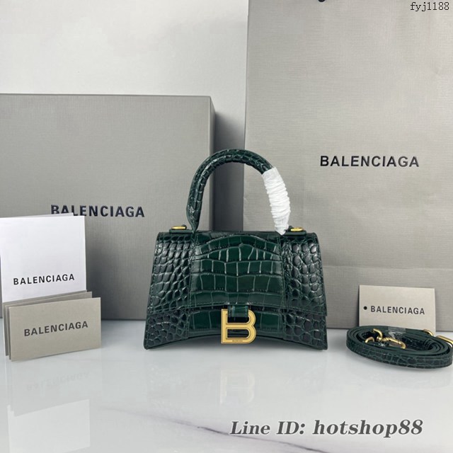Balenciaga專櫃爆款墨綠鱷魚紋金扣手提女包 巴黎世家原廠xs號Hourglass沙漏包 款號:8896 fyj1188