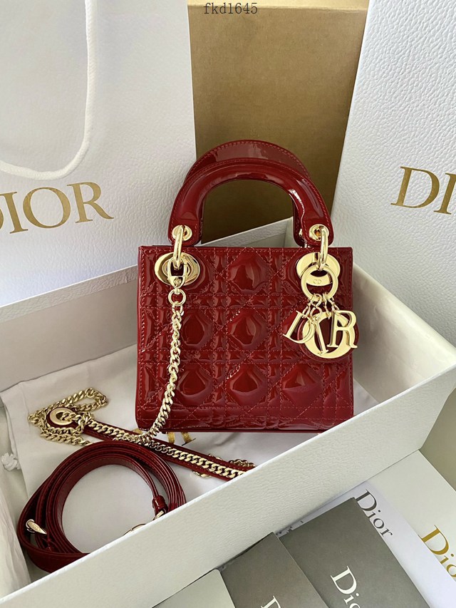 Dior專櫃2022新款迷你Lady女包 迪奧三格漆櫻桃紅Lady手袋 fkd1645