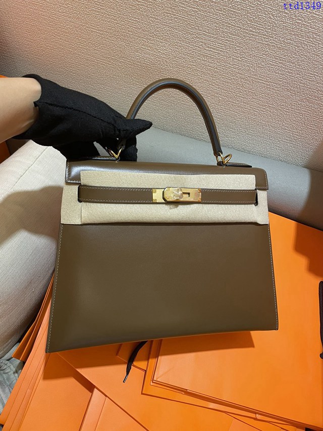 Hermes專櫃經典款凱莉包 愛馬仕KeLly女包box皮栗子色 金扣銀扣全手工 ttd1349