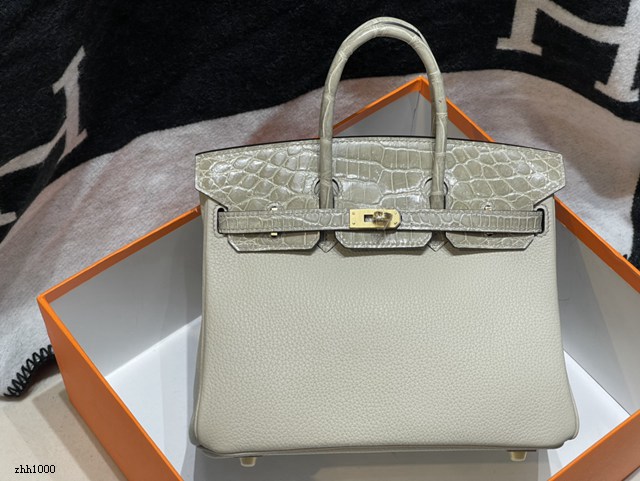 Hermes專櫃Birkin手提女包 愛馬仕togo皮搭配雙面鱷魚皮蓋頭蠟線手縫鉑金包 zhh1000