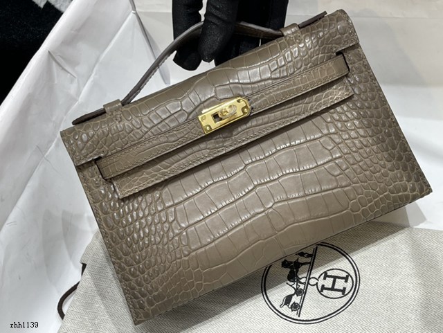 Hermes專櫃經典款凱莉mini手提女包 愛馬仕Kelly一代22CM霧面美洲鱷大象灰金扣純手工包 zhh1139