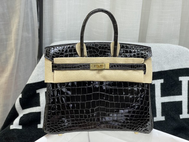 Hermes專櫃經典款鱷魚皮Birkin手提女包 愛馬仕鉑金25CM石墨灰金扣進口高光尼羅鱷魚肚皮純手工女包 zhh1226