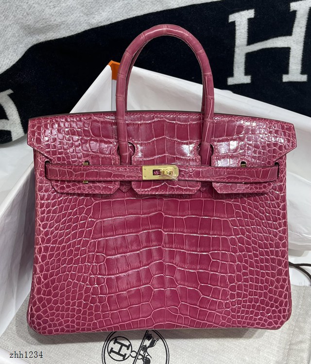 Hermes專櫃經典款鱷魚皮Birkin手提女包 愛馬仕鉑金25CM高光美洲鱷魚肚皮純手工女包 zhh1234