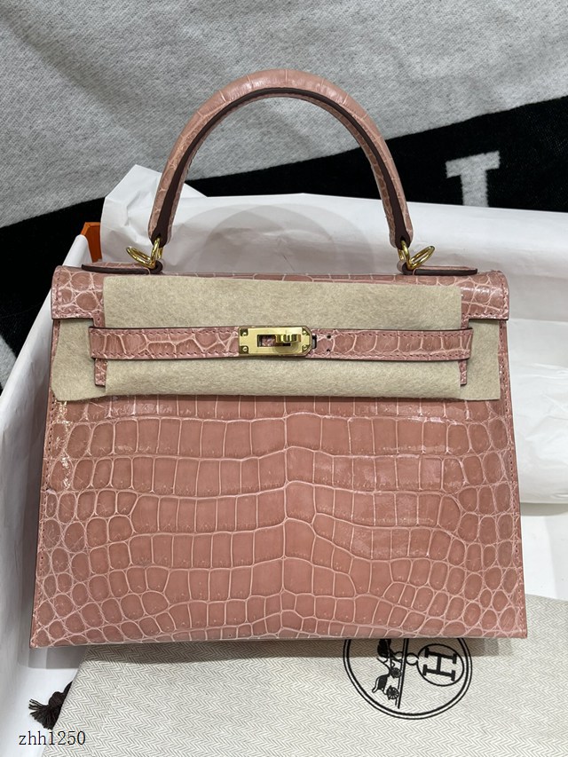 Hermes專櫃經典款Kelly手提女包 愛馬仕純手工凱莉25CM高光尼羅鱷魚皮Kelly包 zhh1250