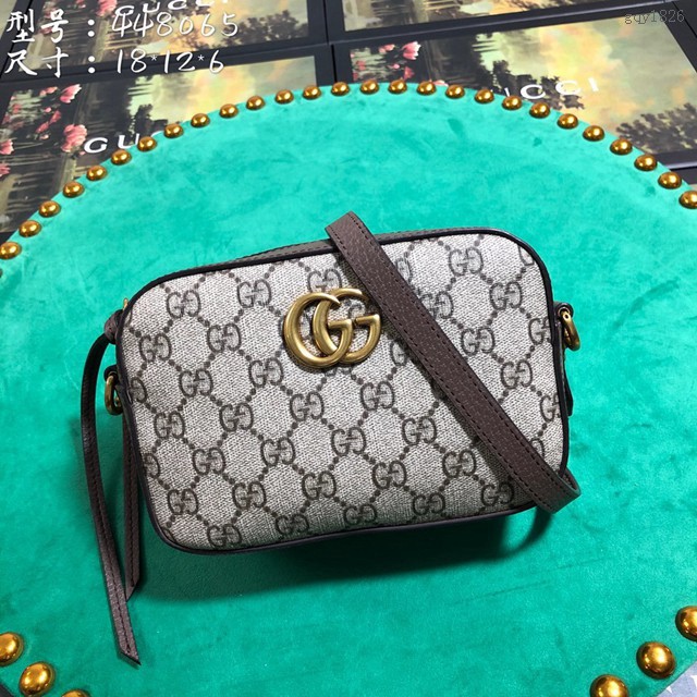 Gucci女包 448065 古馳Marmont迷你小號相機包 Gucci棕pvc皮單肩斜挎包 gqy1826