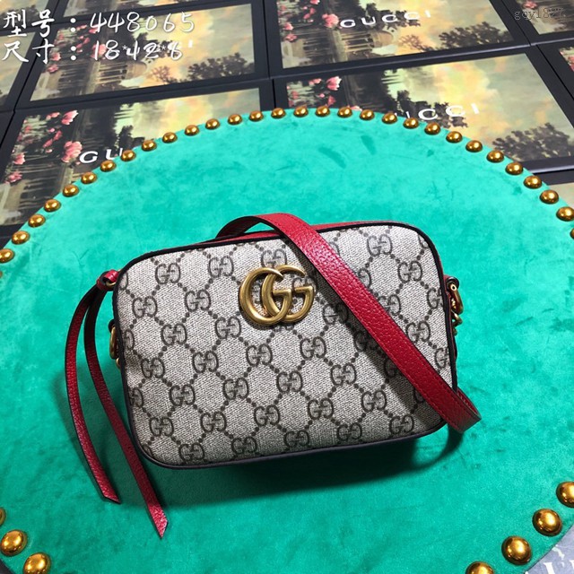 Gucci女包 448065 古馳Marmont迷你小號相機包 Gucci紅pvc皮單肩斜挎包 gqy1827