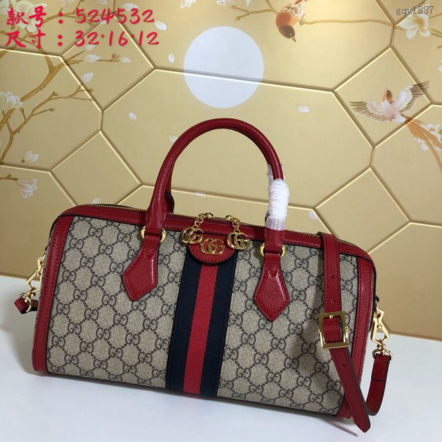 Gucci包包 524532 古馳肩背包 GG Supreme高級人造帆布紅綠織帶 Gucci手提旅行袋 gqy1887