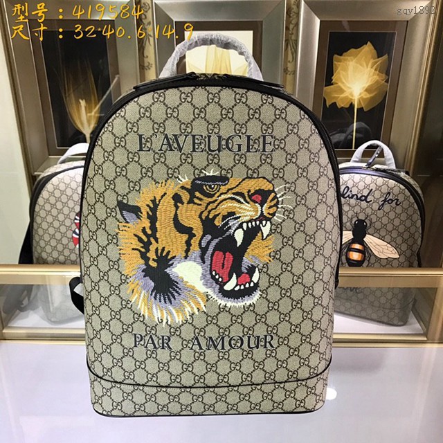 Gucci雙肩包 419584 古馳男士老虎頭印花雙肩包 GUCCI男士經典款後背包 gqy1892