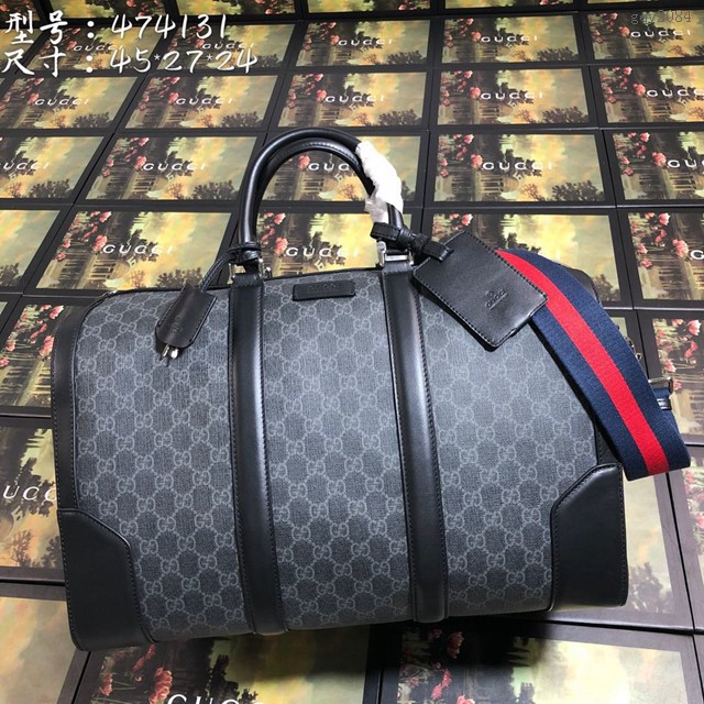 Gucci專櫃款男包 474131 古馳Gucci經典款旅行袋 黑色帆布隨身旅行包 gqy2084