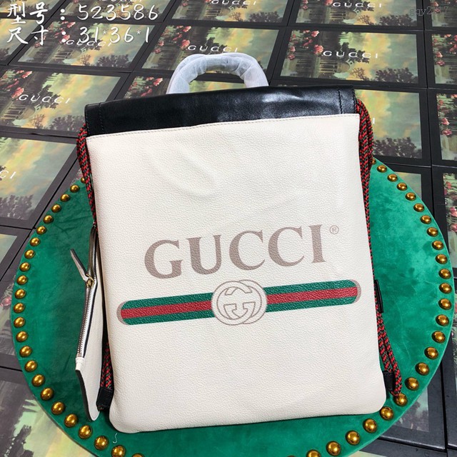 Gucci雙肩包 523586 古馳LOGO印花小號束帶背包 gucci真皮女士後背包 gqy2117