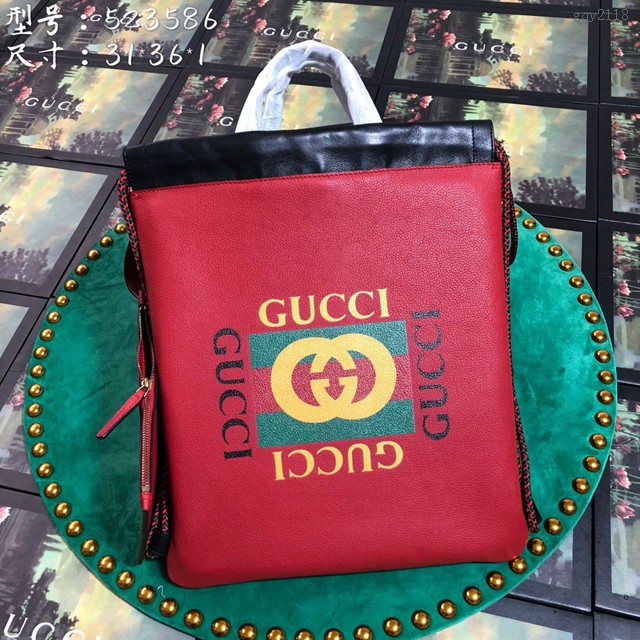 Gucci雙肩包 523586 古馳LOGO印花小號束帶背包 gucci真皮女士後背包 gqy2118