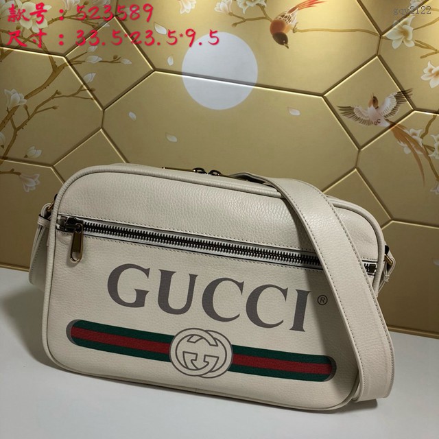Gucci專櫃款男包 523589 古奇新款復古標識印花男包 古馳男士黑色全皮斜挎包 gqy2122