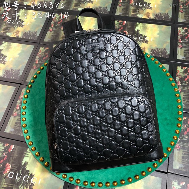 Gucci雙肩包 406370 古馳男士後背包 黑色牛皮雙G壓紋中性雙肩包 gqy2307