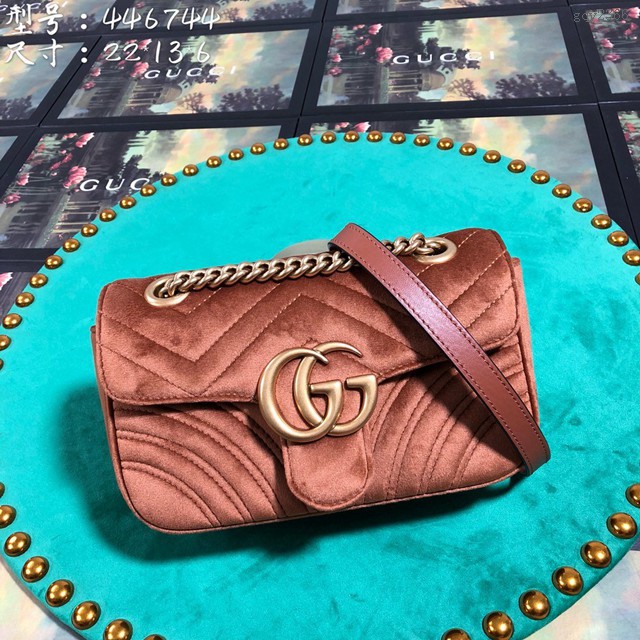 Gucci經典款女包 446744 古馳GG Marmont系列鏈條包 Gucci卡其色天鵝絨單肩斜挎包 gqy2366