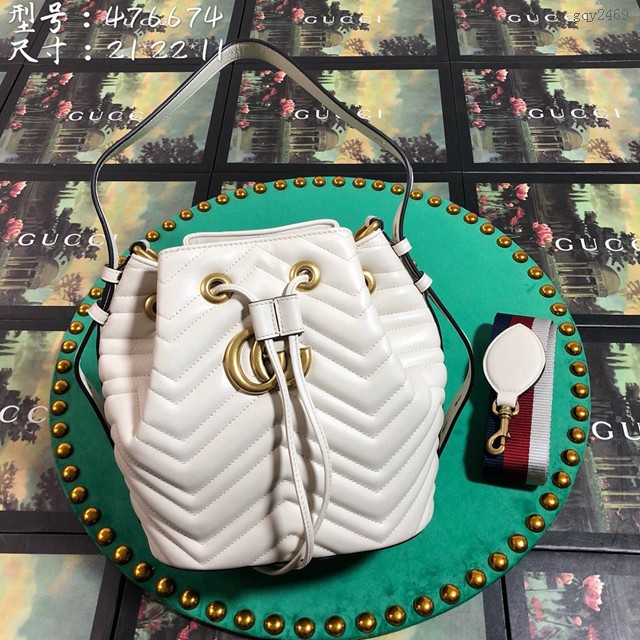 Gucci經典款女包 476674 古馳GG Marmont絎縫 白色真皮水桶包 Gucci水桶包 gqy2469