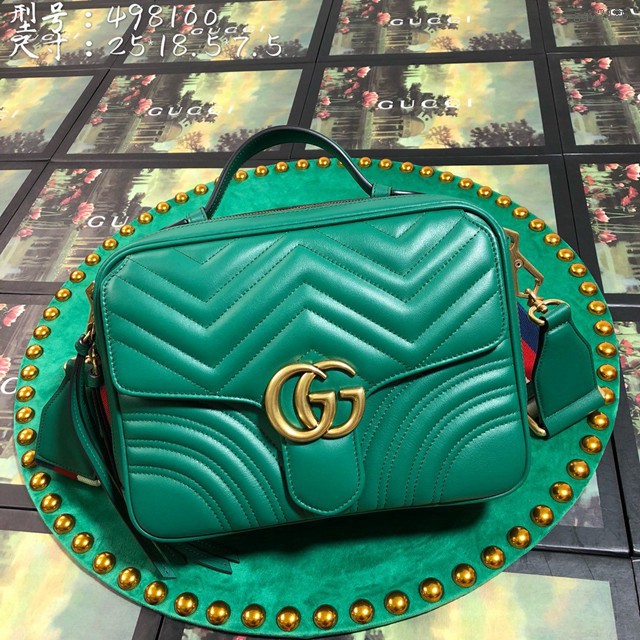 Gucci高仿專櫃女包 498100 新款古馳綠色牛皮女包 雙G斜挎手提女包 Gucci郵差包 gqy2486