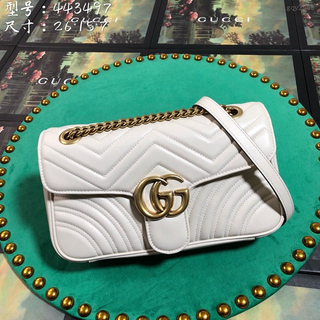 Gucci經典款女包 443497 古馳鏈條單肩斜挎包 gucci經典款米白色牛皮女包 gqy2503