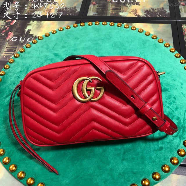 Gucci經典款女包 447632 古馳Marmont系列 紅色皮革絎縫肩背包 Gucci鏈條單肩斜挎包 gqy2536