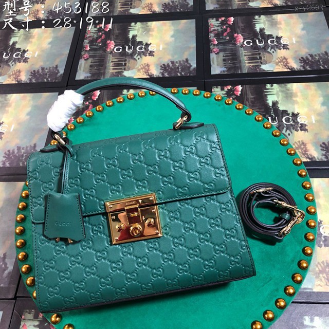 Gucci高仿專櫃女包 453188 古馳Padlock系列 小號 綠色壓花牛皮 鎖扣 女士手提單肩斜挎包 gqy2608