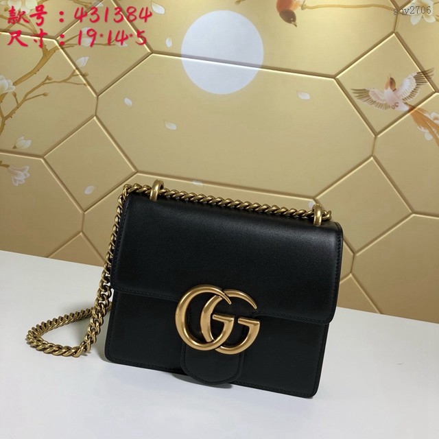 Gucci經典款女包 431384 古馳Padlock GG小號斜跨鏈條包 黑色光面小牛皮包 gqy2706