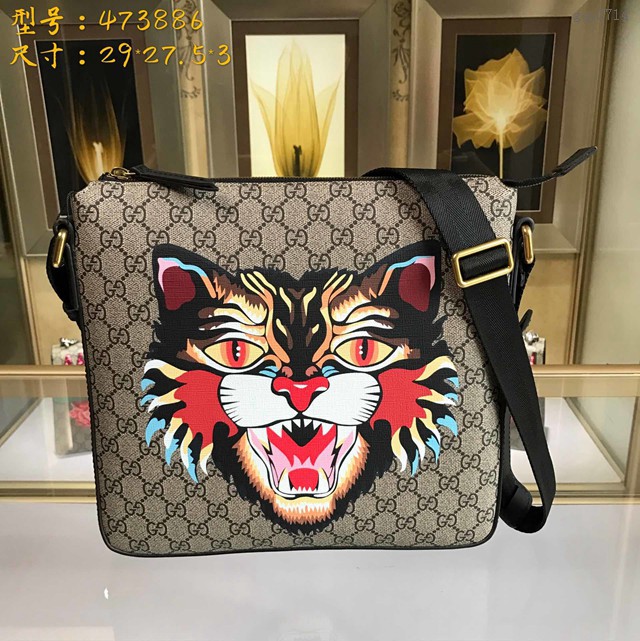 Gucci專櫃款男包 473886 古馳GG高級人造革中號郵差包 Gucci男士單肩斜挎包 gqy2714