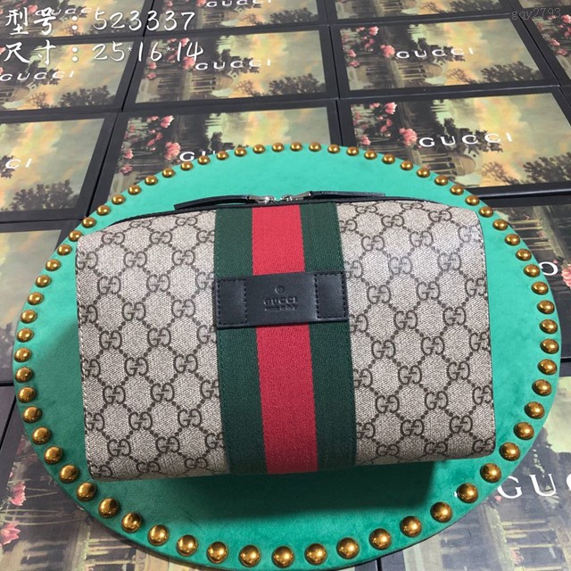 Gucci高仿專櫃女包 523337 古奇帆布配皮女士化妝包 古馳手拿包 古馳收納袋 gqy2793
