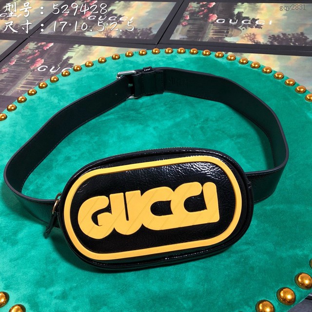 Gucci腰包 529428 古馳GUCCI19春夏新款 橡膠標誌黑色皮革女士腰包 gqy2831