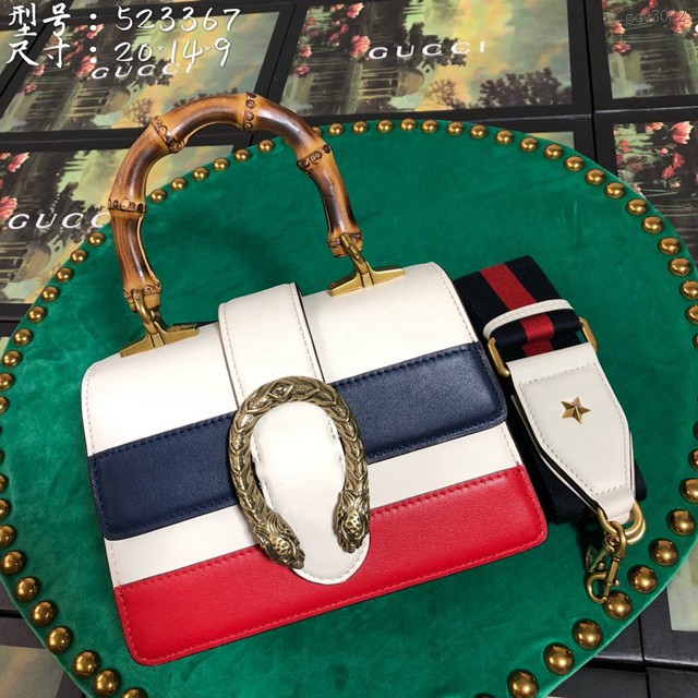 Gucci高仿專櫃女包 523367 古馳mini酒神包 Gucci拼色皮革手提包 Gucci單肩包 gqy3032