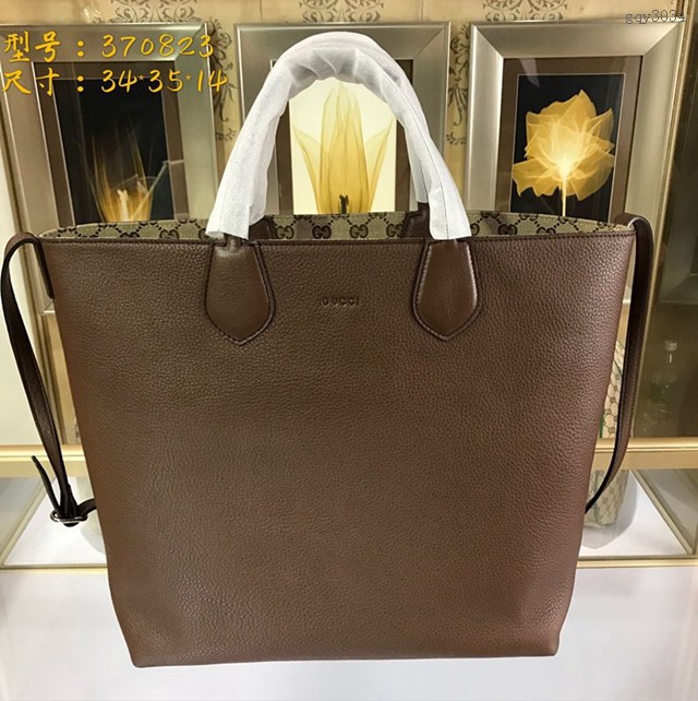 Gucci高仿專櫃女包 370823 古馳女士棕色雙面牛皮手提斜挎兩用包 Gucci手提購物袋 gqy3034