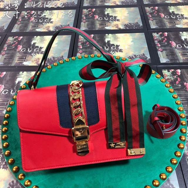 Gucci高仿專櫃女包 421882 古馳爆款Sylvie系列女包 Gucci紅色 皮革 女士單肩手提包 gqy3043