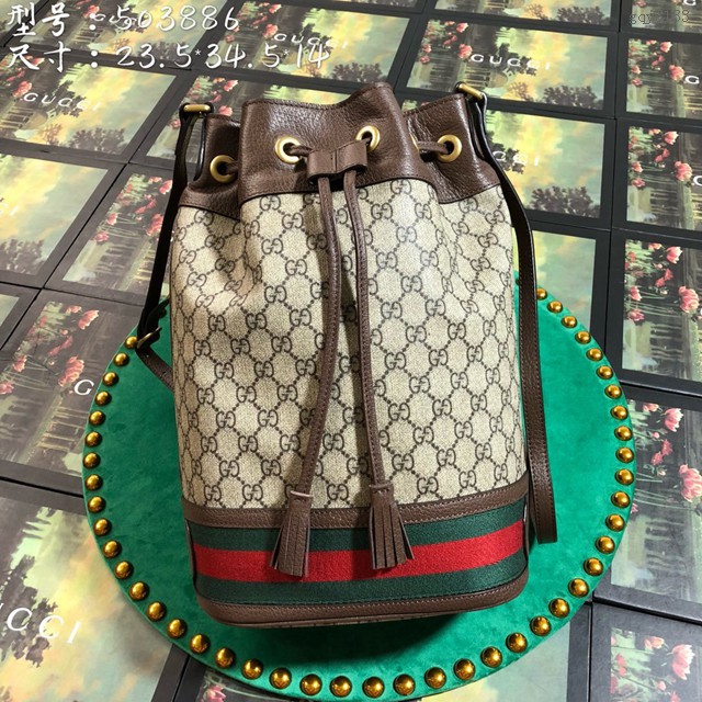 Gucci經典款女包 503886 Gucci古奇Ophidia系列 GG水桶包 Gucci抽繩肩背包 gqy3133