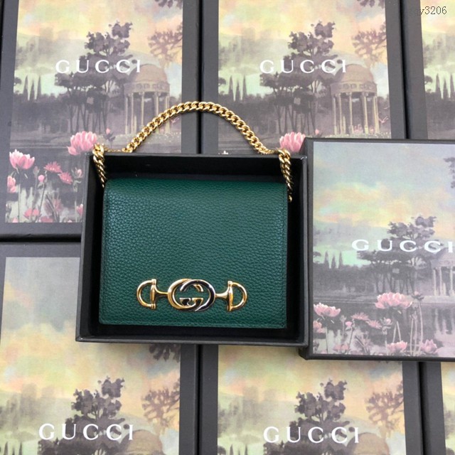 Gucci卡包 570660 古馳2019新款粒面皮革卡夾 Zumi系列鏈條零錢卡包 Gucci女士名片盒 gqy3206
