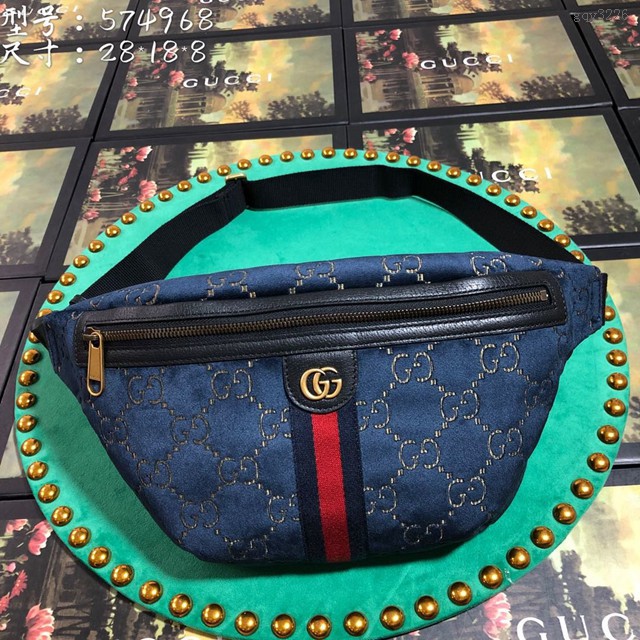 Gucci腰包 574968 古奇19新款雙G印花天鵝絨腰包 拼色條紋拉鏈胸包 男女款斜挎包 gqy3226