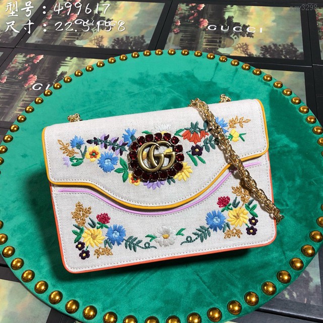 Gucci經典款女包 499617 古馳Gucci花朵貓咪刺繡單肩包 古奇全皮斜挎女包 gqy3298