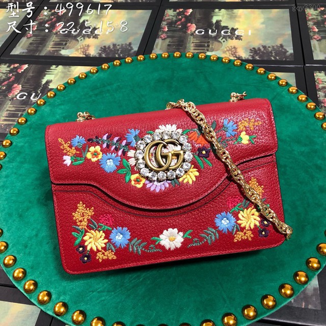 Gucci經典款女包 499617 古馳Gucci花朵貓咪刺繡單肩包 古奇全皮斜挎女包 gqy3300