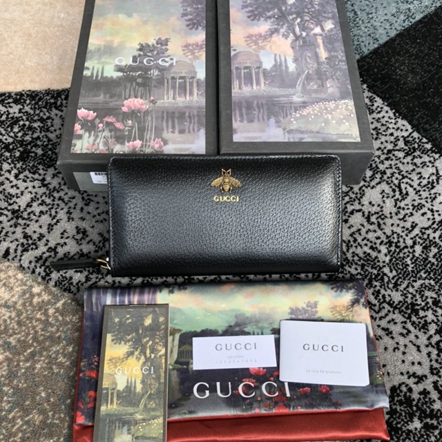 Gucci經典款錢夾錢包 523667 古馳Gucci原單蜜蜂金屬男士錢夾 克豬紋皮 黑色拉鏈長錢包 gqy3735
