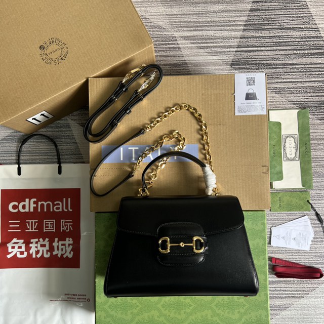 Gucci官網新款黑色原廠皮手提肩背女包 古馳Gucci Horsebit 1958系列中號手袋702049 gqy4602