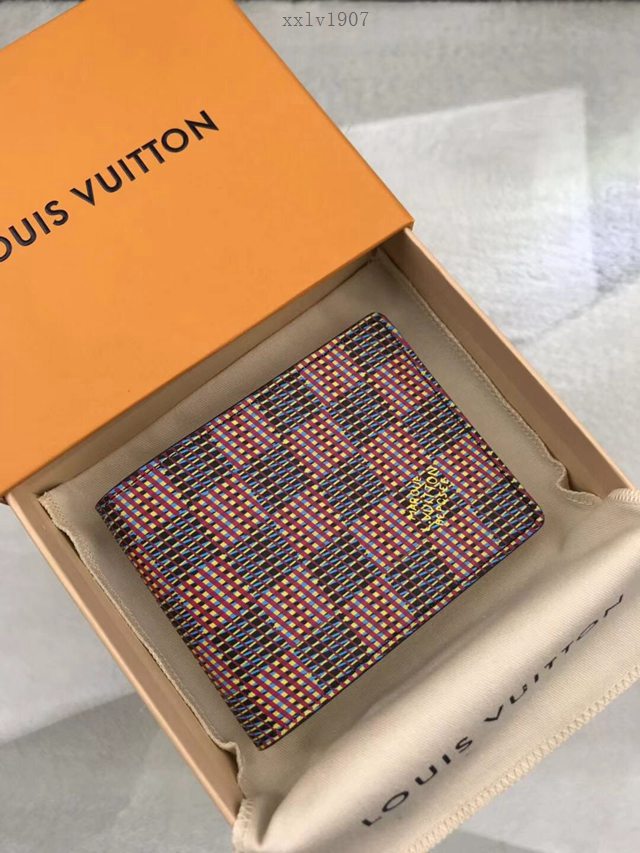路易威登LV錢包 N63261紅格 經典圖案浸潤霓虹色彩 Slender錢夾包 LV男士短夾 xxlv1907