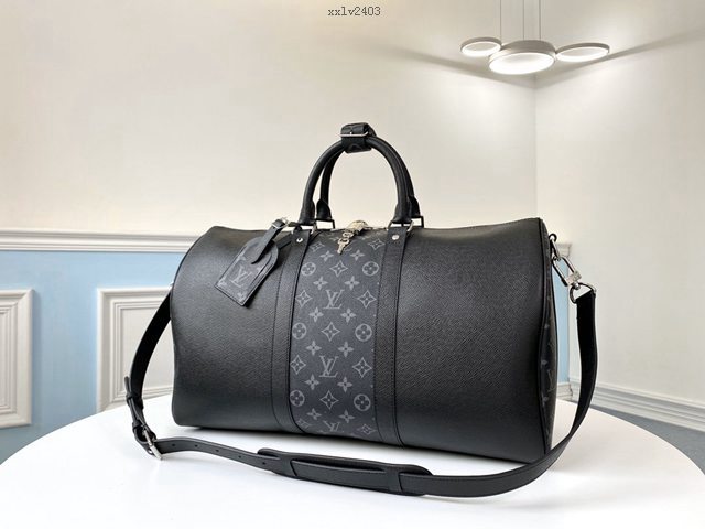 路易威登LV旅行包 M30235黑色 KEEPALL 45旅行袋 LV十字紋皮配花料旅行袋 LV男士手提旅行包 xxlv2403