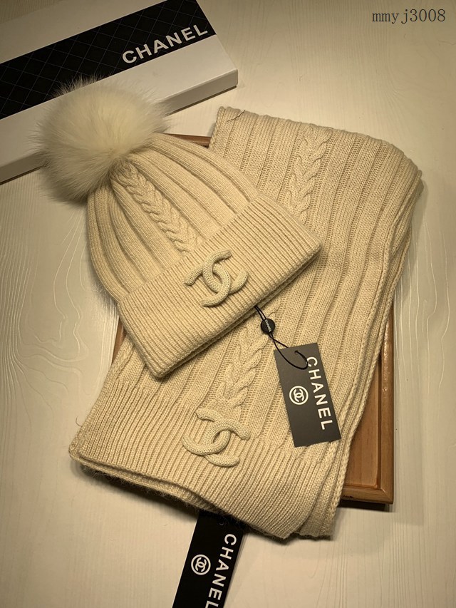 CHANEL專門店新款香奈兒羊毛套裝帽子圍巾-帶狐狸毛球 男女通用情侶款 mmyj3008