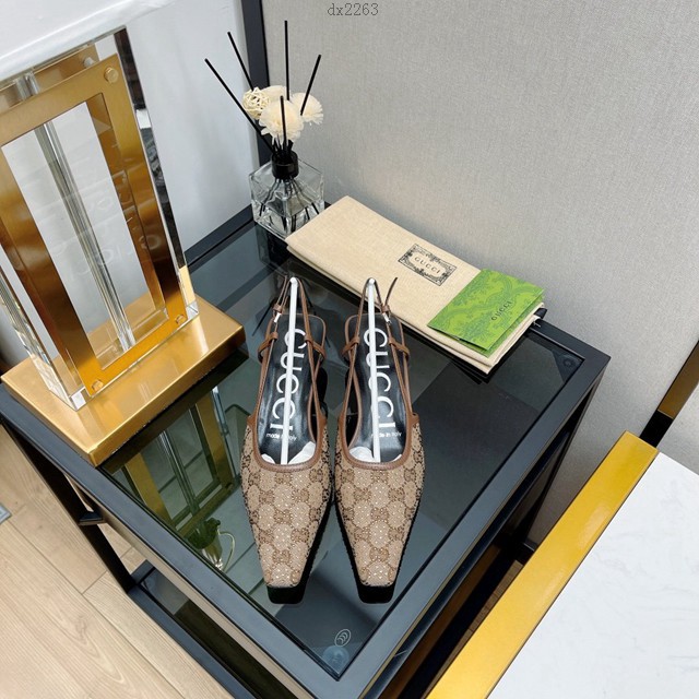 gucci蕾絲水晶高跟女士涼鞋 古馳22春夏季燙鑽網紗後空涼鞋 《Aria-時尚詠歎調》系列 dx2263