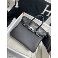 Hermes專櫃黑色金扣鉑金手提女包 愛馬仕Touch25雙面鱷魚皮蓋頭全手縫Birkin女包 zhh1050