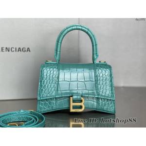 Balenciaga專櫃新款升級版鱷魚紋湖水綠手提包肩背女包 巴黎世家原廠皮版本XS號沙漏包 fyj1372
