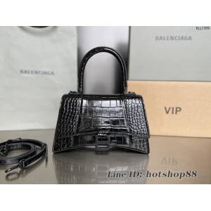 Balenciaga專櫃新款原廠皮S號沙漏包 巴黎世家鱷魚紋黑色/黑扣手提包 fyj1389