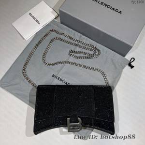 Balenciaga專櫃爆款閃銀黑Hourglass mini鏈帶包 巴黎世家鏈條沙漏包 fyj1468