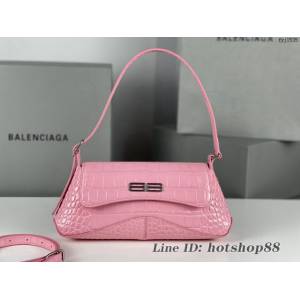 Balenciaga專櫃2022爆款小號鱷魚粉銀全皮肩背包 巴黎世家翻蓋腋下包 fyj1535