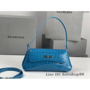 Balenciaga專櫃2022爆款小號鱷魚藍全皮肩背包 巴黎世家翻蓋腋下包 fyj1537