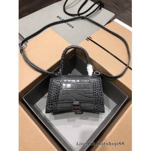 Balenciaga專櫃爆款大號手提女包 巴黎世家升級版鱷魚深灰銀扣Hourglass沙漏包 fyj1624