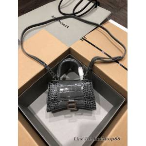 Balenciaga專櫃爆款小號手提女包 巴黎世家鱷魚深灰銀扣Hourglass沙漏包 fyj1625